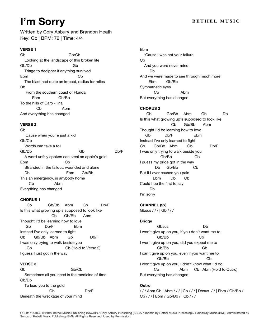 Sorry Chart Bethel Music | I’m Sorry